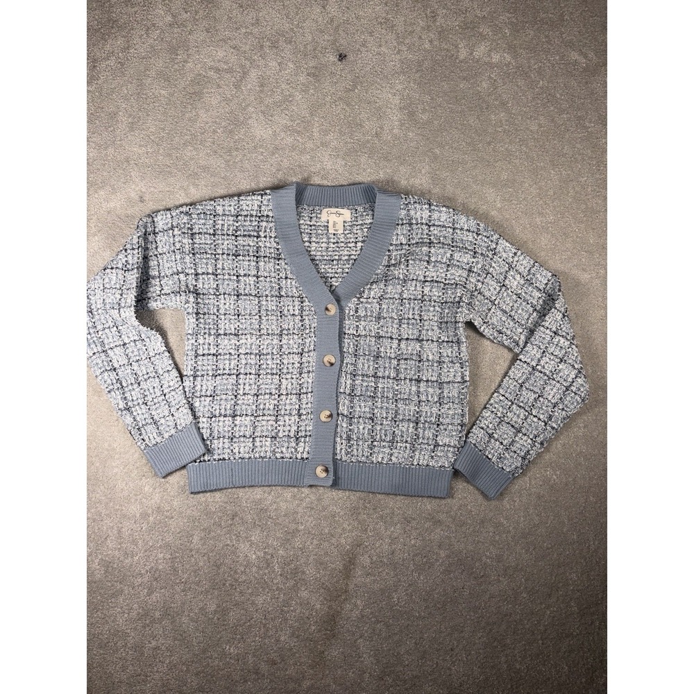 Jessica Simpson blue cardigan tweed-patterned knit Large